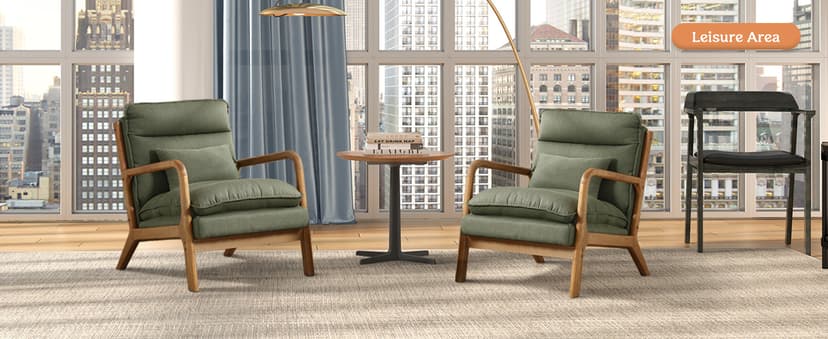 INZOY Mid Century Modern Accent Chair with Wood Frame, Upholstered Reading Armchair with Waist Cushion, Double Padded Accent Chair, Side Chair for Living Room Bedroom Office, Easy Assembly, Green