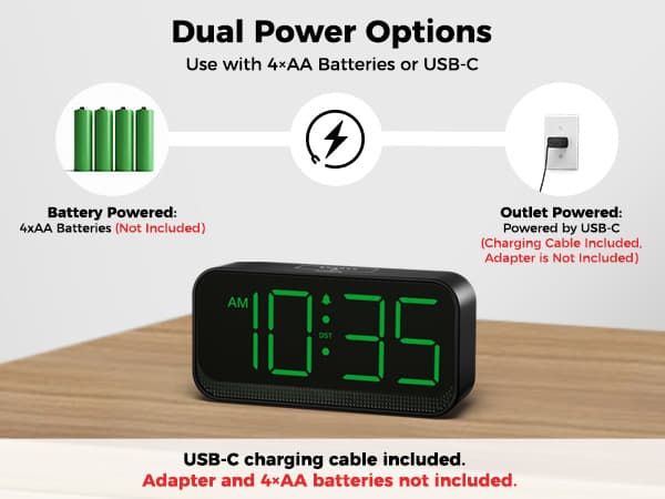 Acedeck Battery Operated Digital Clock: Cordless Small Alarm Clock for Bedroom Travel - Large Numbers 4 Dimmers for All Ages Green Digits