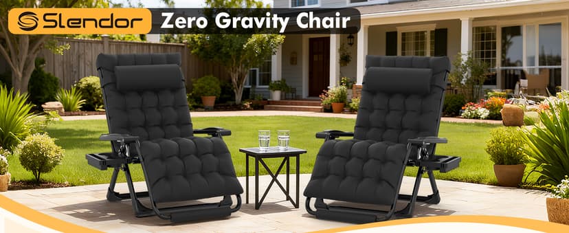 Slendor Oversized Zero Gravity Chairs XXL, 33In Padded Zero Gravity Lounge Chair, Lawn Recliner, Folding Patio Reclining Chair w/Aluminum Alloy Lock, Headrest, Cup Holder, Support 500lbs, Black