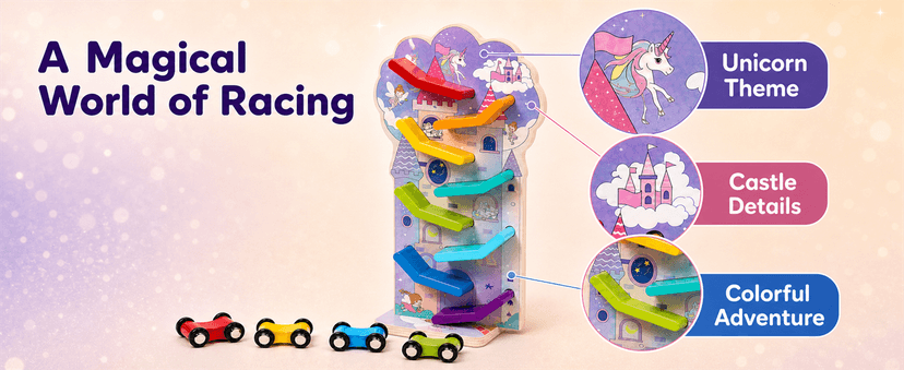 Montessori Toys for 2 Year Old Girls and Boys; Wooden Car Ramp for Cause-and-Effect and Hand-Eye Coordination; Birthday Gift Unicorn Car Ramp Toys for Toddlers 1-3, Wooden Race Track with 4 Mini Cars B0H7HBYL82