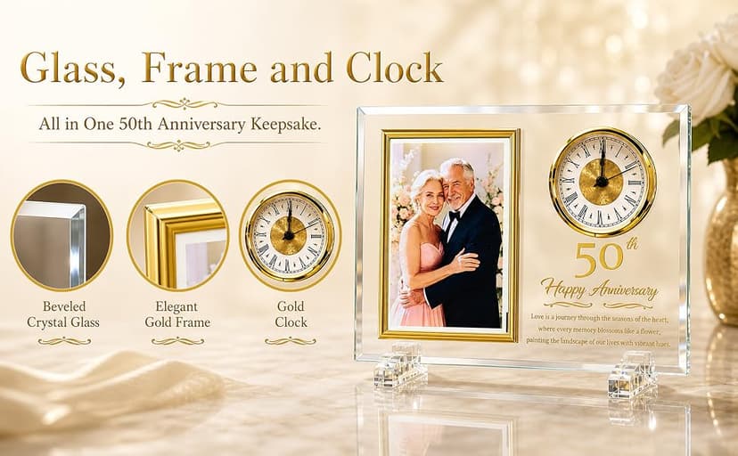Dxaeqr 50th Wedding Anniversary Keepsake for Couples, Crystal Glass Photo Frame Clock, Golden Anniversary Present for Parents Grandparents Wife Husband, Holds 4x6 Photo B0G6WN24TD