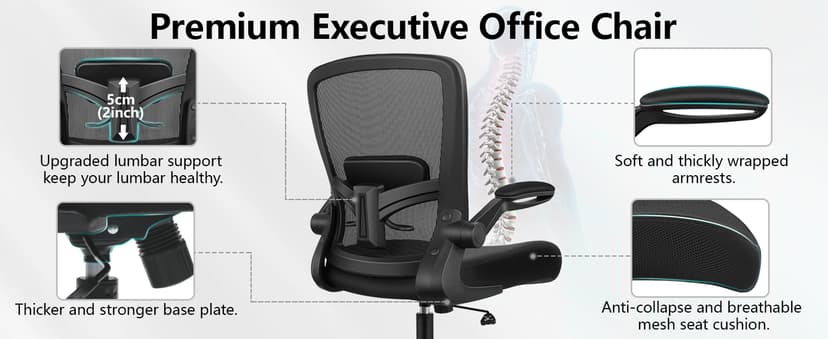FelixKing Office Chair, Ergonomic Desk Chair Breathable Mesh Chairs Adjustable High Back Lumbar Support Flip-up Armrests, Executive Rolling Swivel Comfy Computer Chairs Home Office Black