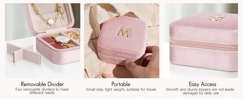 Vlando Birthday Gifts for Women Friendship, Personalized Initial Jewelry Box, Friendship Gifts for Women Friends, Travel Essentials Small Jewelry Box, Travel Box for Girls - Letter J, Pink