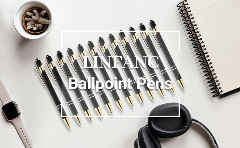 LINFANC 12 Pack Black Gold Ballpoint Pen with Stylus Tip, 1.0 mm Black Ink Smooth Writing Pens, Metal Stylus Pens for Touch Screens