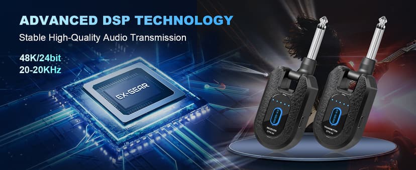 EX GEAR High-Grade Wireless Guitar System 2.4GHz Wireless Guitar Transmitter Receiver Rechargeable, 4 Signal Channel, 235° Rotating Plug, 50m Range for Bass Guitar Electric Instruments