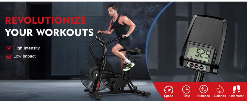 pooboo Exercise Bike, Stationary Bike for Home Gym, Air Resistance Bluetooth Fan Bike w/Dual Acction Handlebars & Dual-Layer Transmission System, Upright AirBike Indoor Cycling Bike for Cardio Workout