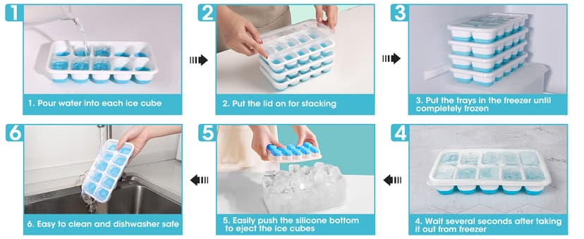 DOQAUS Ice Cube Tray with Lid and Bin - 4 Pack Silicone Ice Cube Trays for Freezer, Stackable Ice Bucket Kits with Storage Container & Scoop for Kitchen, RV, Cocktail, Coffee
