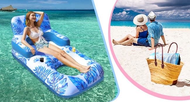 Pool Floats Adult, Pool Floaties with Cup Holder and Phone Holder, Pool Lounger Float with Headrest, Backrest and Footrest, 65" Thicken PVC Inflatable Pool Float for Adult Pool Party Beach Cool