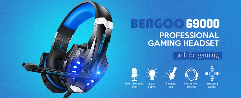 BENGOO G9000 Stereo Gaming Headset for PS4 PC Xbox One PS5 Controller, Noise Cancelling Over Ear Headphones with Mic, LED Light, 7.1 Surround Sound, Soft Memory Earmuffs for Nintendo Xbox Series X|S