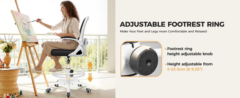 Primy Home Office Drafting Chair - Tall Desk Chair with Flip-up Armrests 3D Lumbar Support, Comfort Drafting Chair with Footrest for Standing Desk, High Chair for Bar Study Work