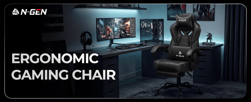 N-GEN GAMING Video Gaming Chair Big and Tall Office Computer Desk Chairs with Ergonomic Lumbar Support High Back Recliner and Footrest for Adults (Black)
