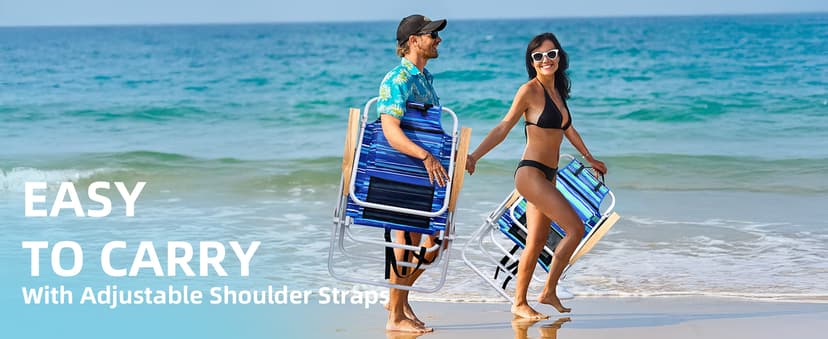 Tall Beach Chairs for Adults, 17" High Backpack Beach Chair with Wooden Armrests, 5 Positions Reclining Heavy Duty Chair with Large Cooler Pouch, Support to 350LBS Striped Blue,1pack