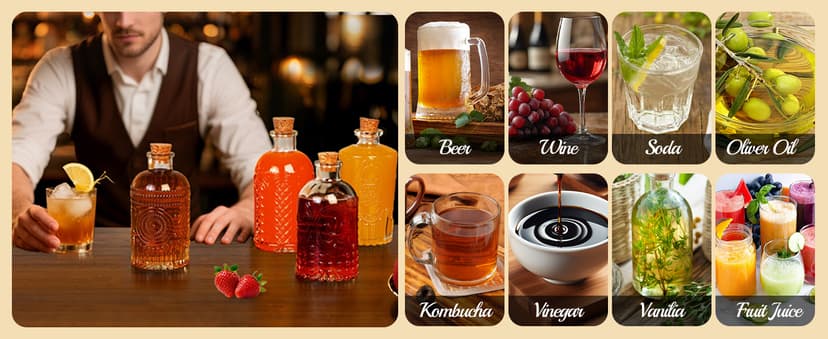 12 Pack 6oz Glass Bottles with Cork Stoppers, 200ml Clear Glass Liquor Bottles with 4 Vintage Patterns, Refillable Whiskey Bottles for Wine, Oil, Vinegar, Kombucha, Wedding Favors