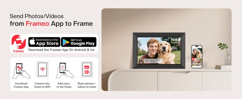 1280x800 HD IPS Touch Screen, Slideshow, Auto-Rotate, Tabletop/Wall, Send Photos/Videos from Phone, Gifts for Mom - Black Frameo 10.1" WiFi Digital Picture Frame, Electronic Photo Frames - 32GB B0D8JDPKKS
