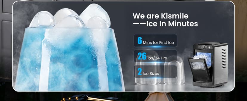 Kismile Portable Countertop Ice Maker Machine, 26lbs Ice in 24Hrs, Self-Cleaning Ice Maker with Selectable Ice Size & Internal Light, Compact Design for Home/Kitchen/Bar