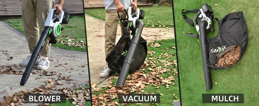 Cordless Leaf Blower & Vacuum SOYUS 3in1 Leaf Vacuum Mulcher 40V 360CFM 5 Speeds Brushless Battery Operated Leaf Blower for Lawn Care with 45L Bag 2 x 4.0Ah Battery and Charger Included