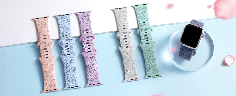 SNBLK 6 Pack Floral Engraved Bands Compatible with Apple Watch Bands 40mm 41mm 42mm 38mm 44mm 45mm 46mm 49mm Women Men, Silicone Flower Pattern Strap for iWatch Series 11 10 Se Ultra 9 8 7 6 5 4 3 2 1