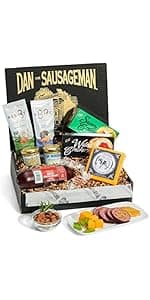 Dan the Sausageman Silver Star Gourmet Meat & Cheese Gift Box – Original & Garlic Summer Sausages, Sweet Hot Mustard, Sockeye Salmon, Water Crackers, Almond Roca – 8-Item Holiday Snack Box