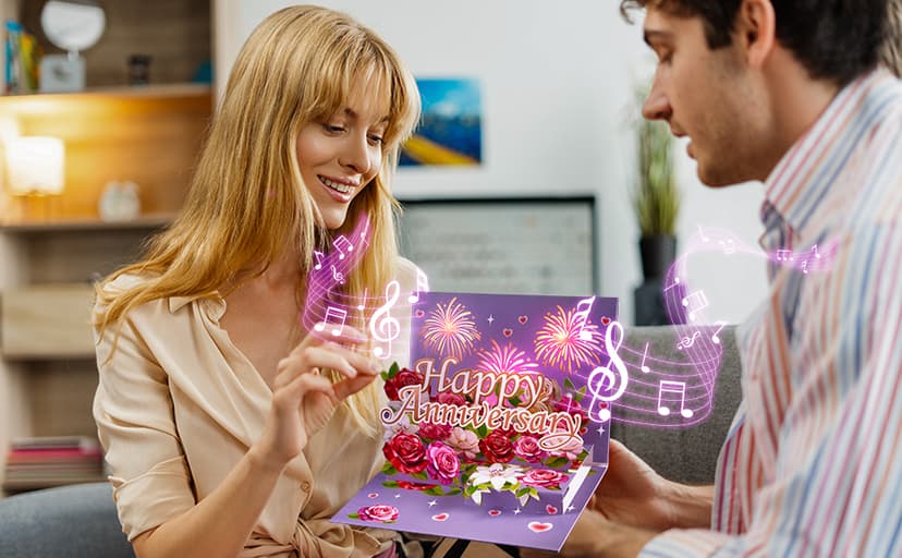 Airpark Anniversary Card with Music & Lights, 3D Pop Up Happy Anniversary Cards for Him Her Husband Wife Couple, Fireworks & Rose Lily Paper Flowers