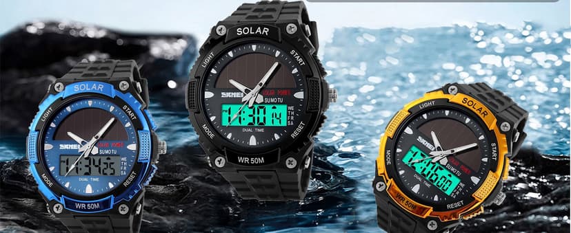 FANMIS Men's Solar Powered Casual Quartz Wrist Watch Analog Digital Multifunctional Black Sports Watch