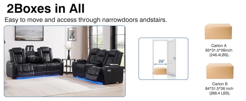 THSUPER Black Leather Power Recliner Sofa Loveseat Sets with Arm Storage and Power Headrest, Leather Living Room Reclining Sofa and Loveseat Set with Cup Holders and Bluetooth Speaker. | Breathable material, LED ambient light, Reading light, Hidden outlet, USB and Type-C port