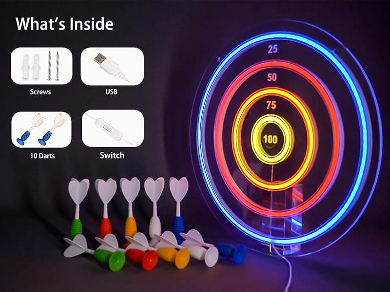 BITILLUM Dartboard Neon Sign for Wall Decor - Stylish LED Light & Playable Dartboard Combo with 10 Suction Cup Darts for Game Rooms, Bars, Man Caves, Home Theaters