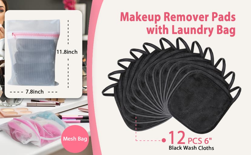 Makeup Remover Cloth, 6" x 6" Makeup Remover Towels Reusable Face Cloth for Washing Face, Makeup Remover Pads Microfiber Face Washcloth with Mesh Bag, 12 Pack, Grey