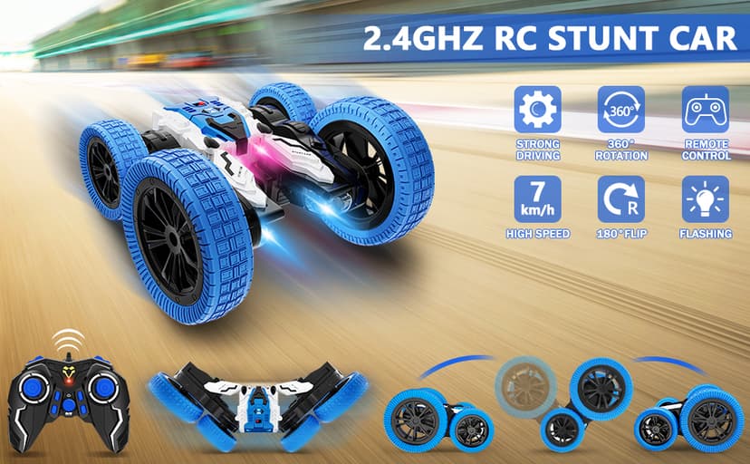 Remote Control Car, Double Sided RC Car, 4WD Off-Road Stunt Car with 360° Flips, 2.4Ghz Indoor Outdoor All Terrain Rechargeable Electric Toy Cars Gifts for Boys Kids 3 4 5 6 7 8 9 10 11 12 Year Old