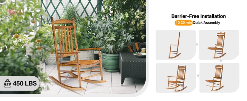 VINGLI Wooden Rocking Chair, Outdoor Chair with 450 lbs Support, Relaxing Rocker with Solid Wood High Back Seat Reclining Seat for Deck, Garden, Backyard, Porch, Indoor or Outdoor Use (Teak, 1PC)