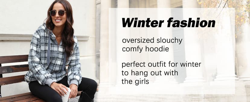ReachMe Womens Oversized Sherpa Pullover Hoodie with Pockets Fuzzy Fleece Sweatshirt Plaid Fluffy Jacket Coat