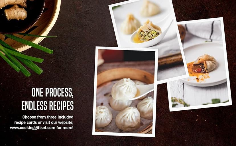 Cooking Gift Set Co. Bamboo Steamer Basket Soup Dumpling Kit - 2 Tier 8-Inch Dumpling Steamer for Cooking with Agar Agar, Roller, Spoon, Liners, Recipes & Step-by-Step Video (6-Piece Set)