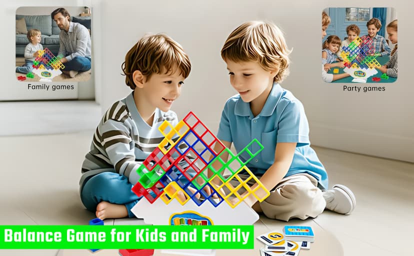 64 Pcs Stacking Tower Game with 22 Cards, Giant Tumble Balance Game for Kids, Family Games for Kids and Adults, Easter Gifts for Teen Boys & Girls, Party Board Game for Kids 6-12 & Adults