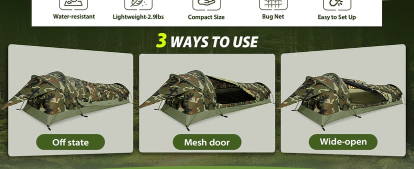 GEERTOP Ultralight Single Person Bivy Tent for Camp Waterproof 1 Man Tent for Camping Hiking Backpacking Hunting Outdoor Survival Gear - Easy Set Up