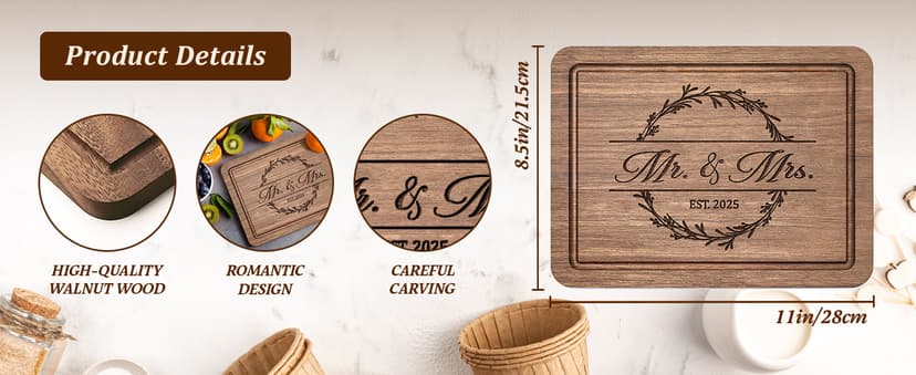 Craftique Wedding Gifts for Couples 2025, Bridal Shower Gifts- Walnut Wood Cutting Board Engraved with Mr. and Mrs. EST. 2025- Mr and Mrs/Wedding/Engagement Gift for Newlyweds Bride and Groom