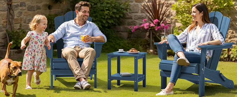 KINGYES Folding Adirondack Chair, HDPE All-Weather Patio Chairs with Cup Holder, Wooden Textured Fire Pit Chairs Recliner for Poolside, Backyard, Deck, Navy