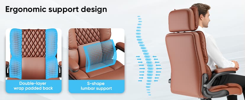 Sytas Executive Office Ergonomic Chair with Adjustable Headrest, PU Leather Desk Chair, High-Back Swivel Task Chair for Home Office, 135° Reclining, Brown
