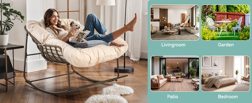 YITAHOME Rocking Papasan Chair, Wide Rocking Chair, Comfy Indoor and Outdoor Lounge Chair with Thick Cushion for Bedroom, Living Room, Patio, Porch, Garden, Deck, Lawn (Beige)