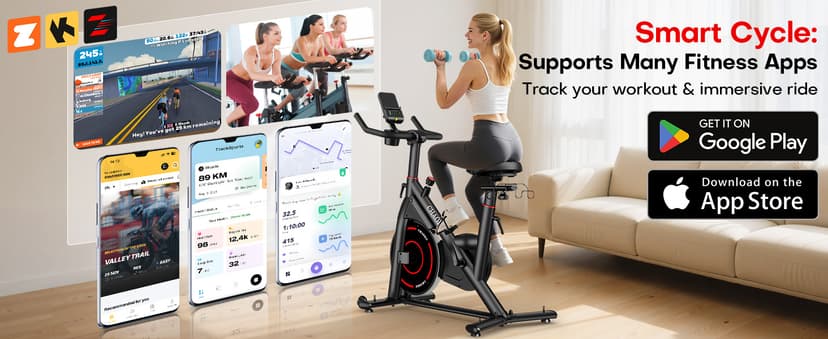 CHAOKE Exercise Bike, Quiet Adjustable Magnetic Stationary Bike for Home Cardio with App Compatible, 350LB Weight Capacity Indoor Cycling Bike with Large Seat, Dumbbell Rack, Pull Cords & LCD Display