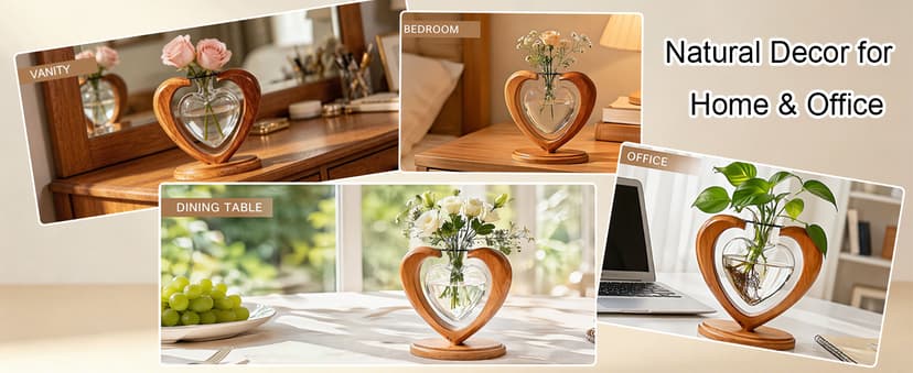 Rooting Vase for Cuttings, Plant Terrarium, Air Plant Holder, Plant Lovers Mom Wife Gift Home Office Christmas Tabletop Decor Plant Propagation Station, Heart Glass Vase, Solid Wooden Stand B0GL1XT2S7