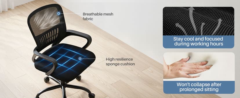 DUMOS Home Office Computer Chair - Ergonomic Mid Back Desk with Lumbar Support and Rocking Mode, Height Adjustable with Fixed Armrest, for Conference Meeting Room, 360° Swivel, Adults, Black