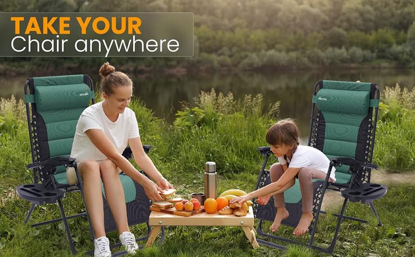 SereneLife Oversized Padded Zero Gravity Lounge Chair, Foldable Outdoor Patio Recliner, Anti Gravity Lawn Recliner with Cup Holder and Side Table for Backyard, Camping, Beach or Outdoor Relaxation