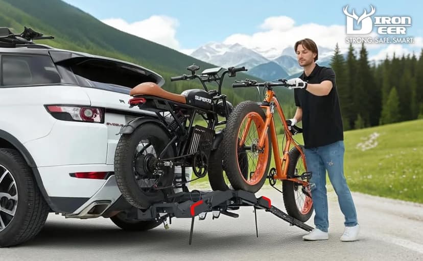 Ebike Rack with Ramp for 2 E-Bikes 200 lbs Capacity Fits 5" Fat Tire, Hitch Bike Rack for Cars SUVs Trucks with 2" Receiver, Foldable Tilting Locking No Assembly Needed E-Bike Platform Carrier