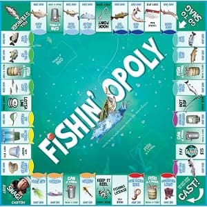 Funny property trading game for families and anglers Features quick or classic play modes and durable metal-style tokens Late for the Sky Fishin'-Opoly Board Game, 2-6 Players Strategy Fishing B000HI1QPI
