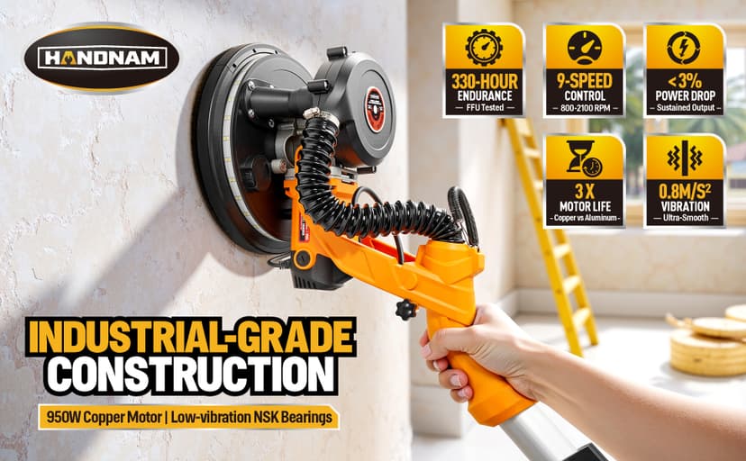 Electric Drywall Sander, 950W Drywall Power Sander with Vacuum Dust Collector, Variable Speed 800-2100RPM, LED Light, Dustless Wall Sander for Drywall, Popcorn Ceiling, Corner etc