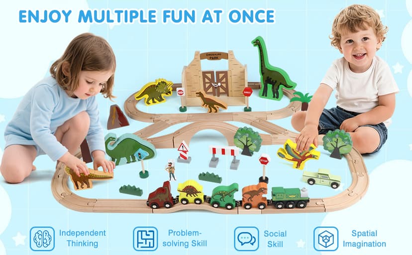 Wooden Train Set, Dinosaur Toys for Kids 3-5, Compatible with Major Brands, STEM Railway Playset, Ideal Wooden Train Track Set for 3 4 5 6 7 8 Year Old Kids Boy Girl