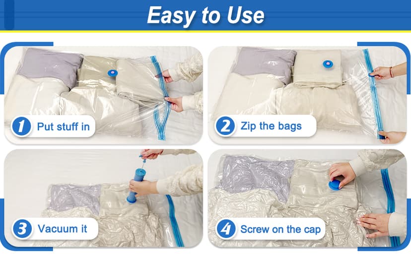 16 Pack Vacuum Storage Bags with Hand Pump, 4 Jumbo + 4 Large + 4 Medium + 4 Small Plastic Packaging Bags, 80% Space Saver Vacuum Seal Bags for Clothing, Travel Lugggage, Blankets, Comforters