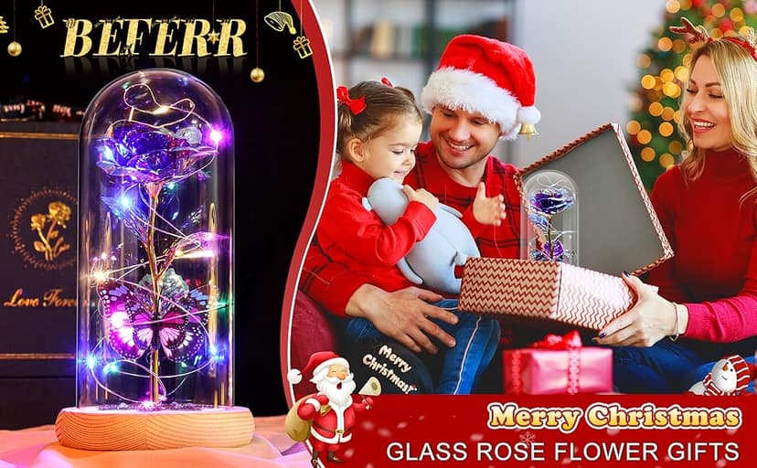 Beferr Christmas Rose Gifts for Women Mom Birthday Gifts, Galaxy Glass Rose Forever Preserved Flowers for Delivery Prime Light Up Rose in Glass Dome with Butterfly Xmas Gifts for Grandma Her Wife