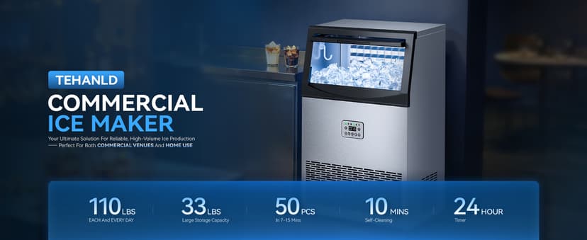 Tehanld Commercial Ice Maker Machine, 110LBS/24H with 33LBS Large Storage Capacity, 50 Ice Cubes/15 Mins, Ice Machine with Self-Cleaning & Water Filter, Under Counter & Freestanding for Home, Bar