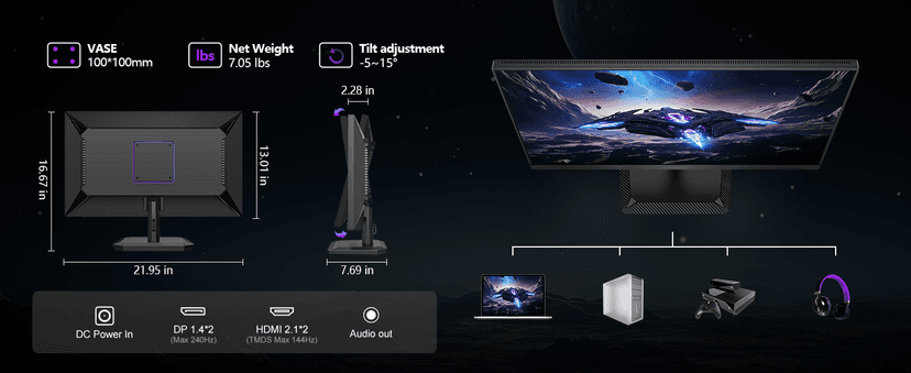 INNOCN 24.5" Monitor 1440P 240Hz QHD 2K PC Desktop Gaming Screen Fast IPS HDMI 2.1 Display, DisplayPort, Built-in Speaker, 25G2S
