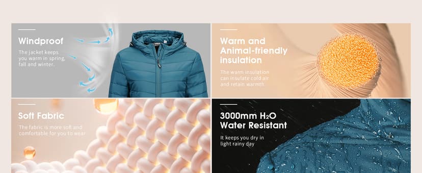 Outdoor Ventures Women's Packable Lightweight Full-Zip Puffer Jacket with Hood Quilted Winter Coat